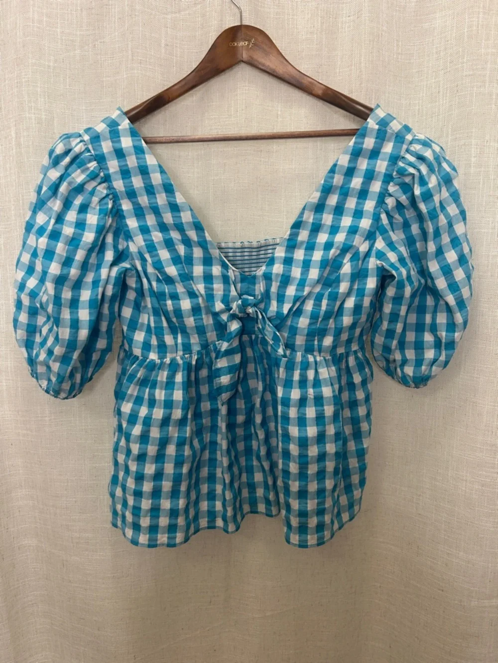 Lilly Pulitzer Blue White Gingham Tie-Front Puff Sleeve Peplum Top Size 12
